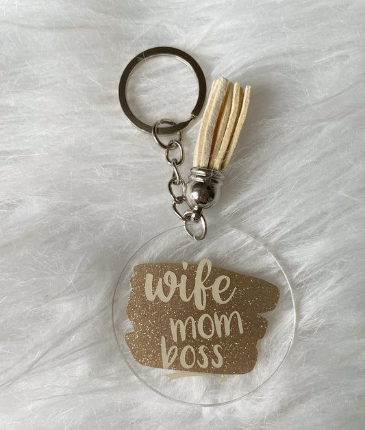 Sleutelhanger "wife, mom, boss" - Goud/beige