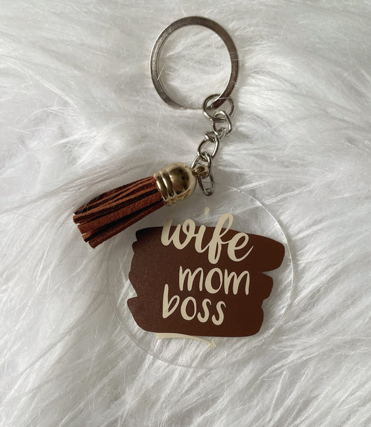 Sleutelhanger "wife, mom, boss" - Bruin/beige